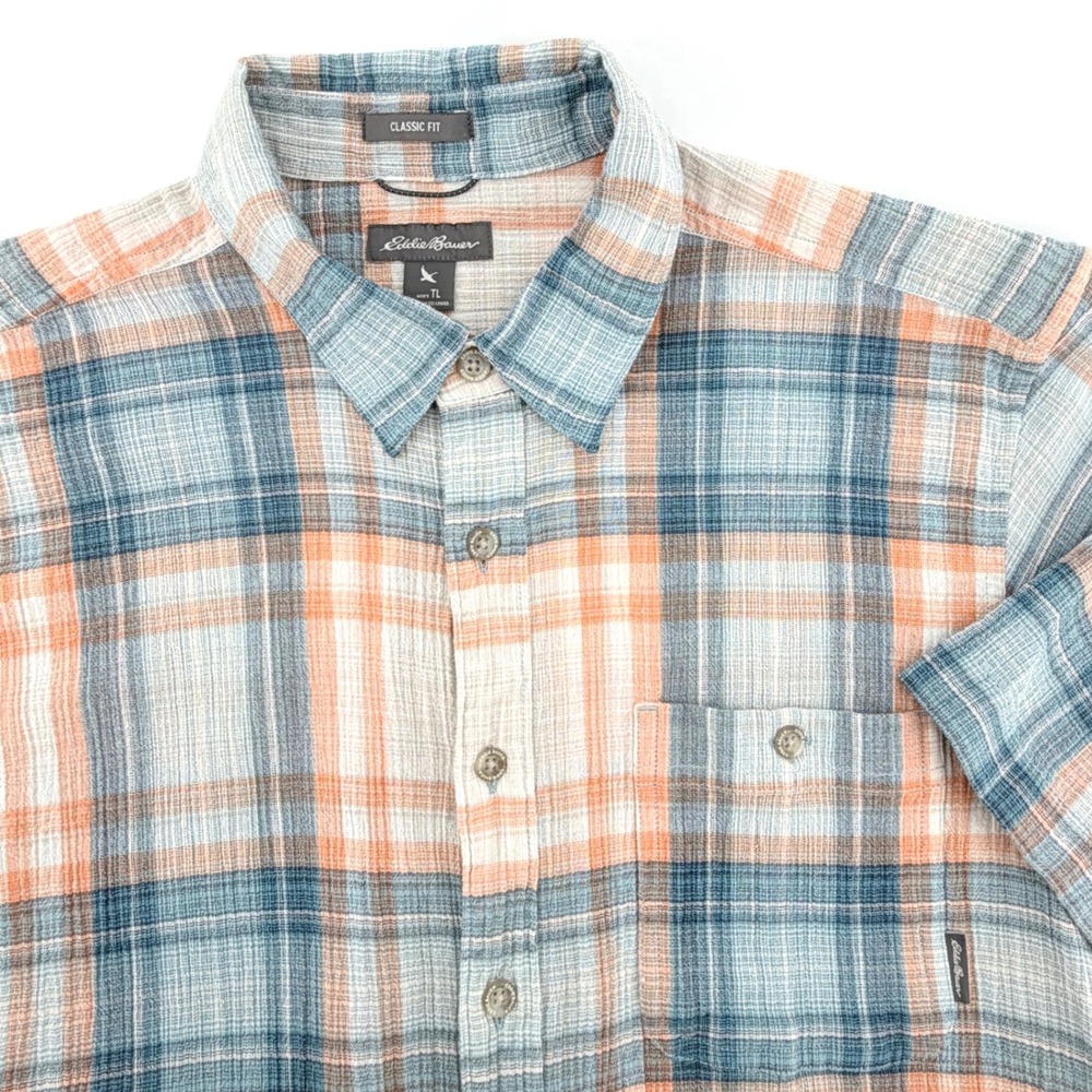 Eddie Bauer Shirt Mens Tall L Blue Orange Good Plaid Seersucker Short Sleeve